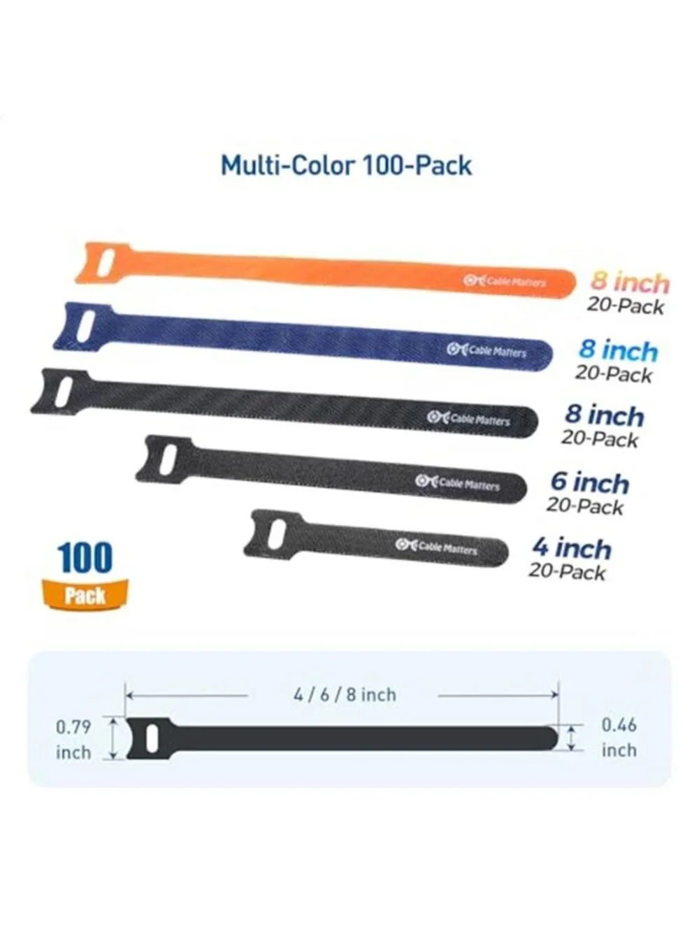 Reusable Cable Ties Hook Loop Cord Organizer Straps 100 Pack Assorted Sizes
